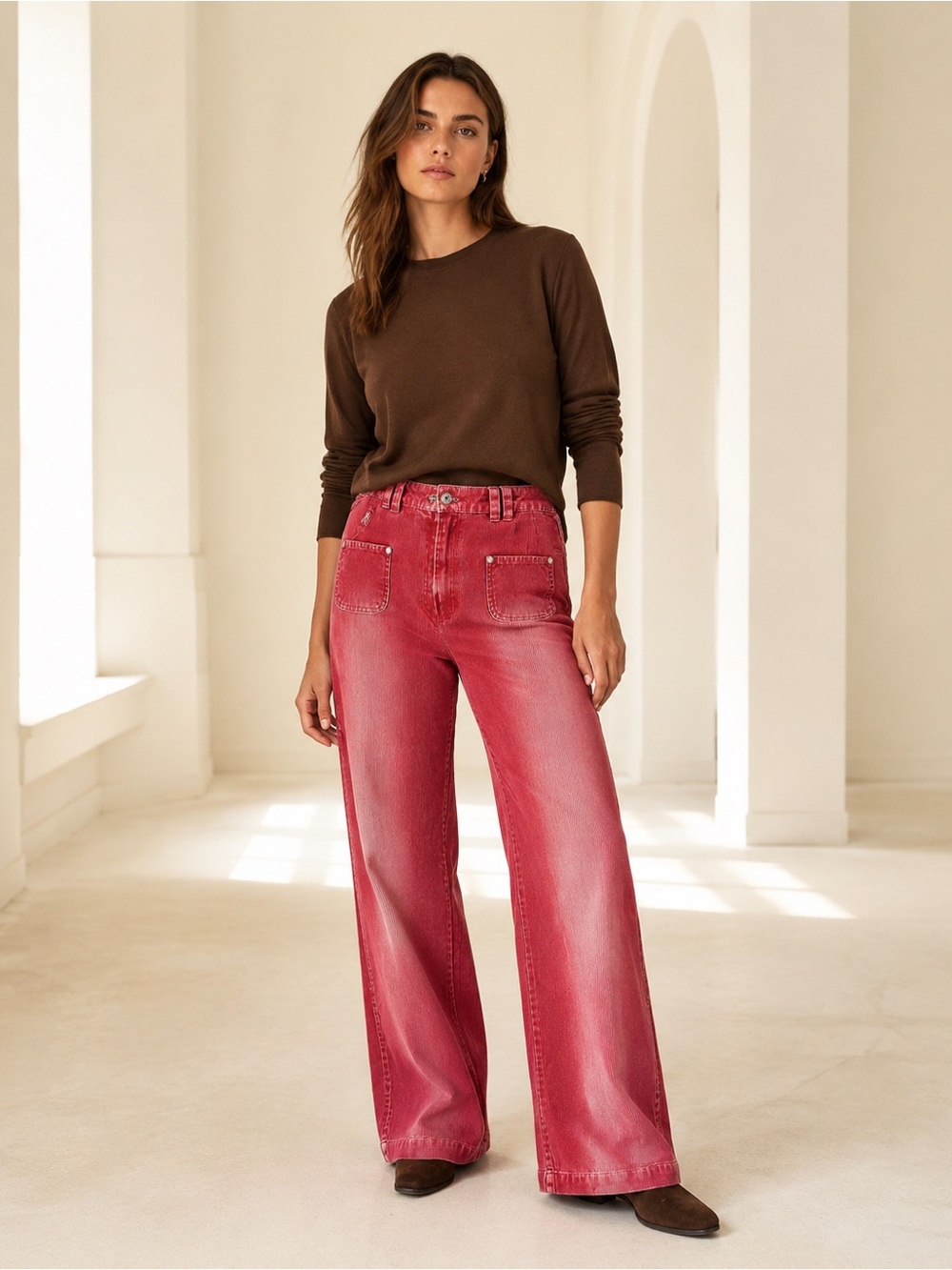 Y2K Red Ombré Wide Leg Corduroy Pants Patch Pockets Size L Dinano by Syltex